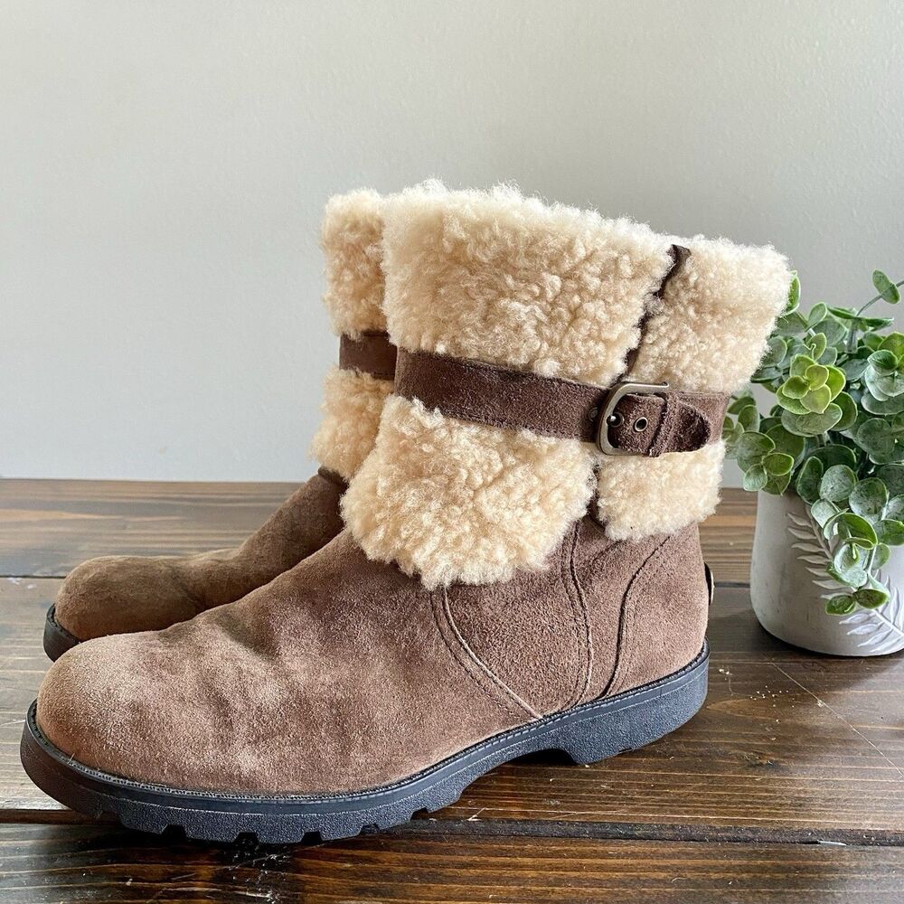 UGG Australia Womens Winter Boots Brown Beige Leather Buckle Waterproof 7.5